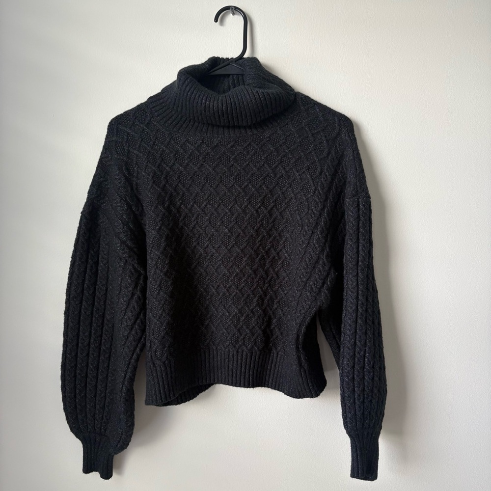 Truth by Republic Black Crop Cable Knit Turtleneck Sweater puff sleeve sz Small